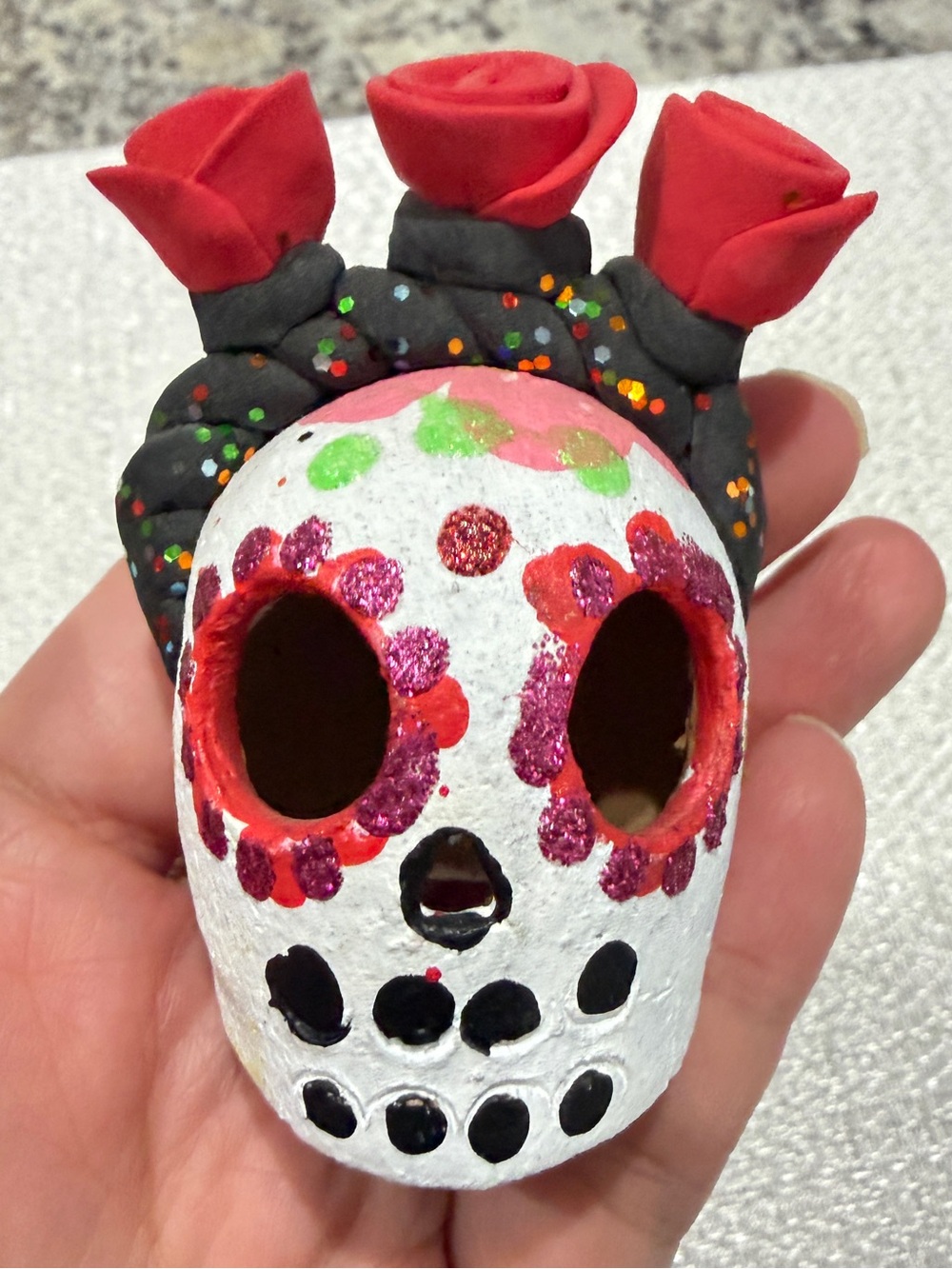 Handpainted Day of the Dead Sugar Skull with Red Rose Crown Mexico Decor - Picture 9 of 9